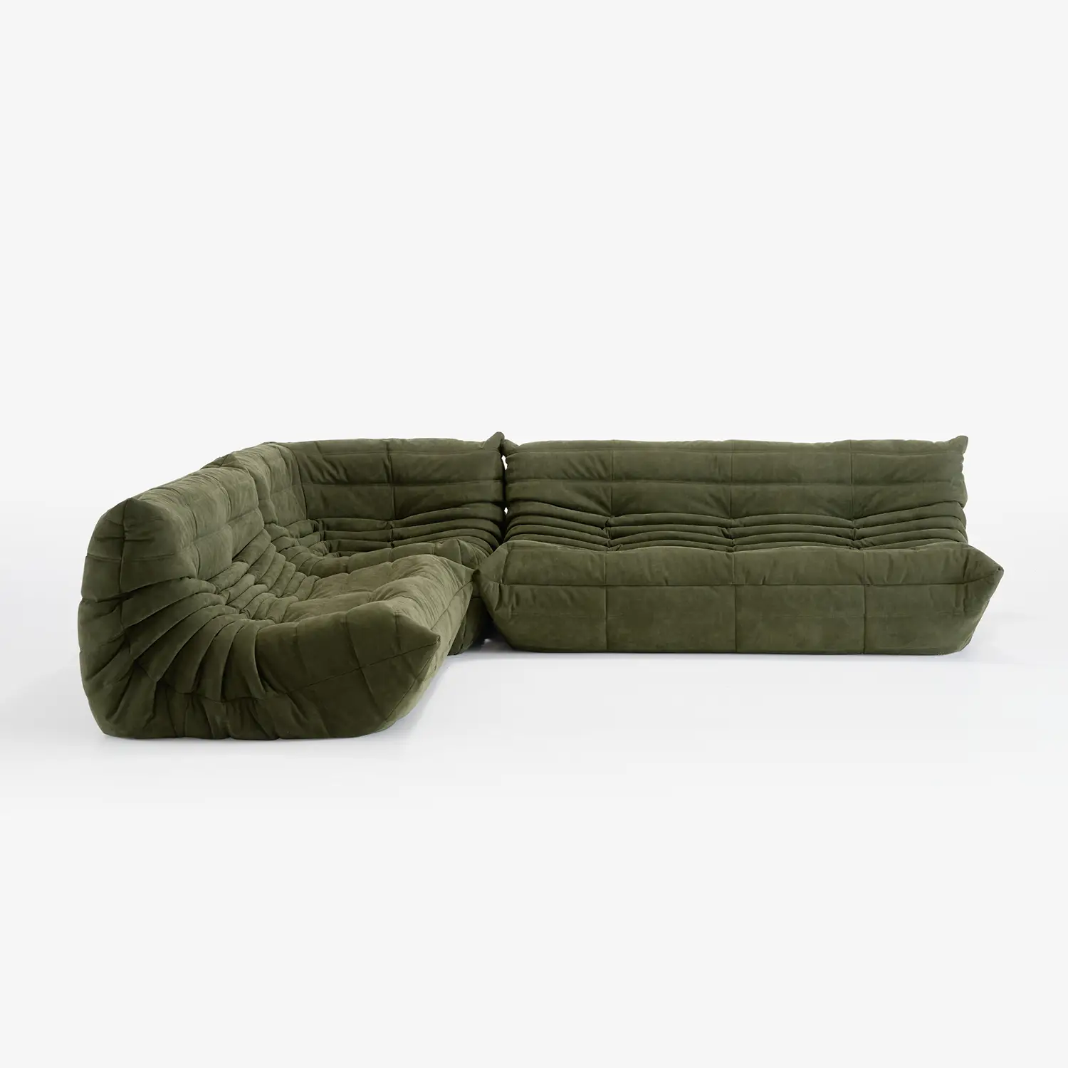 Large olive green modular sectional sofa with deep tufted cushions and curved design set against a white background.